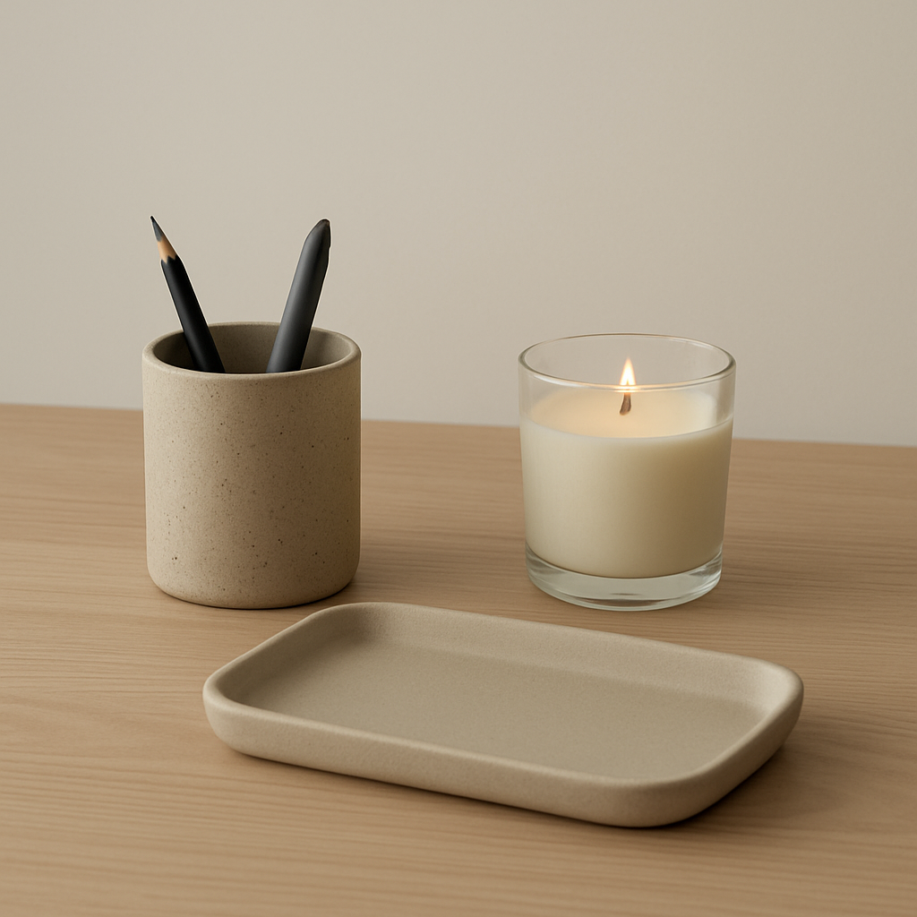 Small desk objects: pen cup, candle, tray